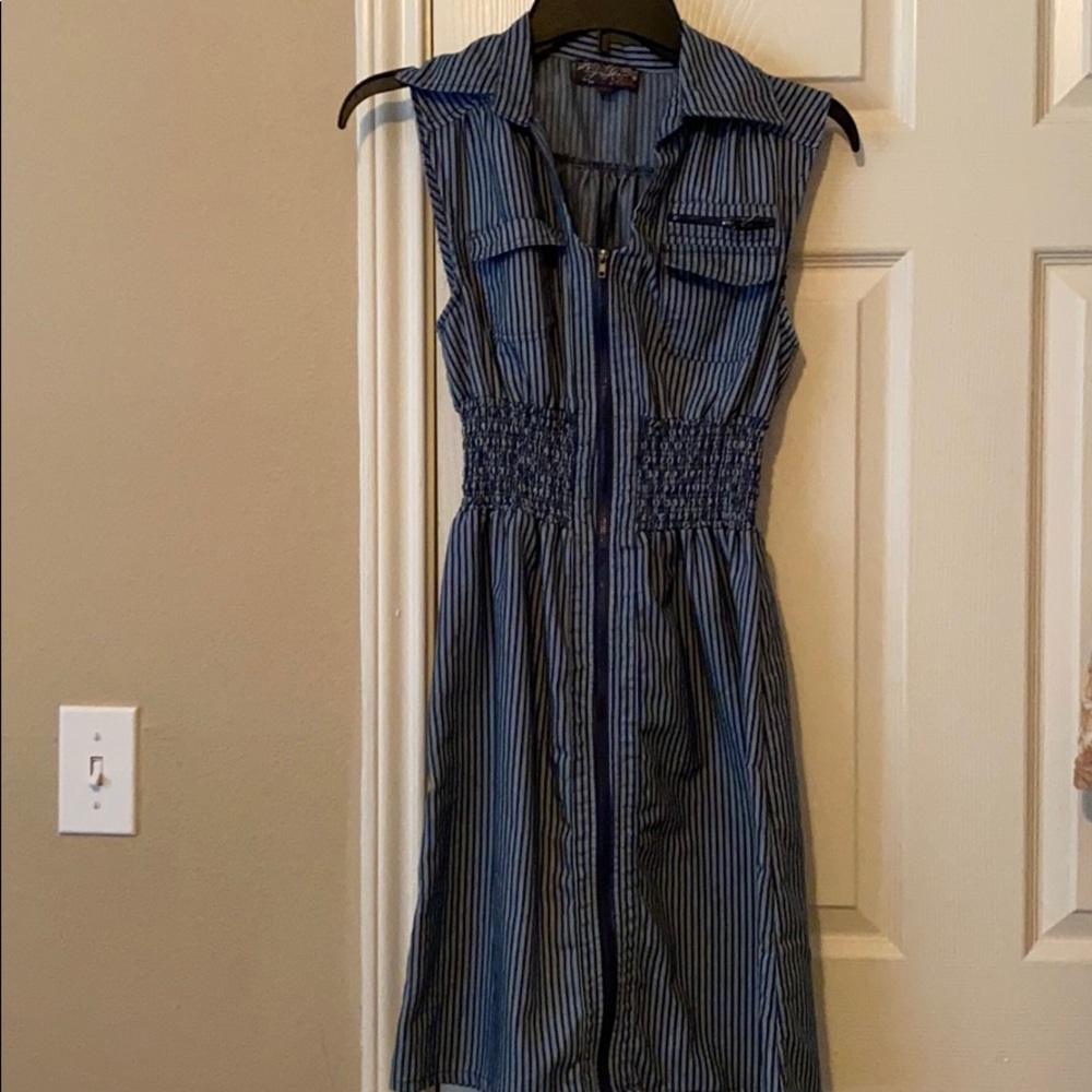 blue and white dress.